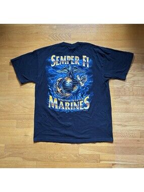 Vintage US Marines Semper Fi Double-Sided Graphic T-Shirt Black Men’s Large Y2K